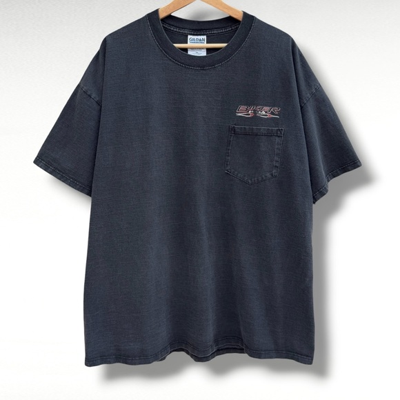 Gildan Other - Vintage Biker Trash Caution Pocket T-Shirt Faded Black Size XXL Y2K Motorcycle